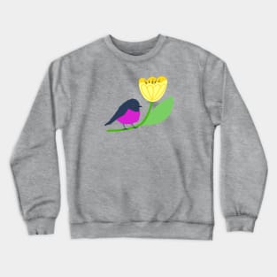 Pink robin on a yellow tulip Crewneck Sweatshirt